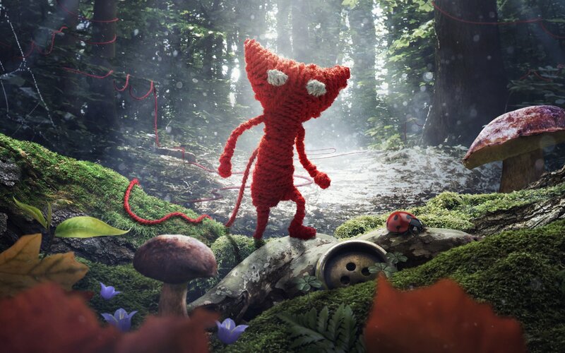 Knitted creature in forest