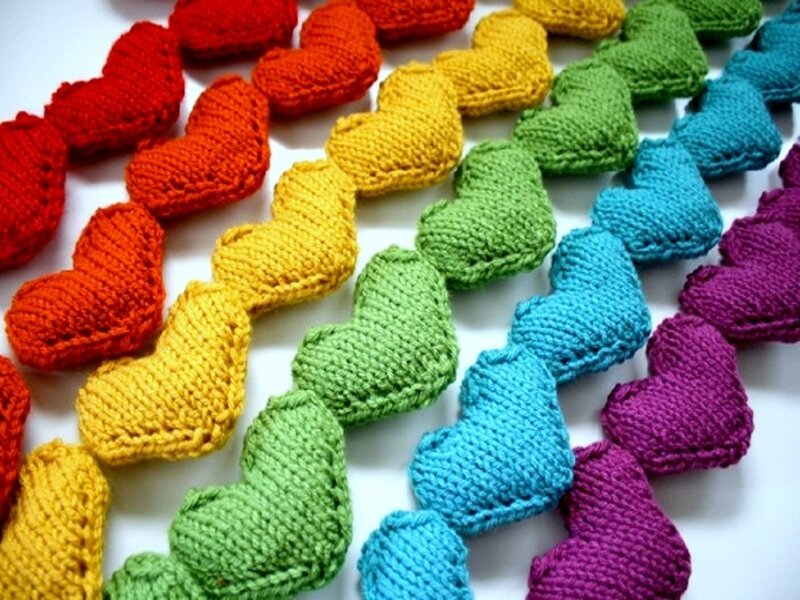 Knitted Hearts in Rainbow