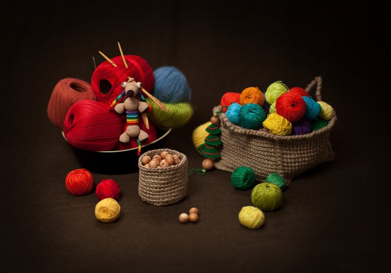 Knitting Supplies in Baskets