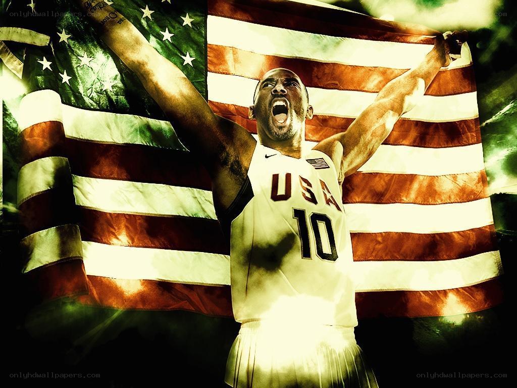 Kobe Bryant celebrating with USA flag