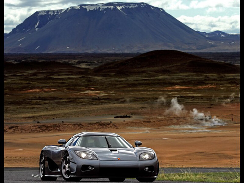 Koenigsegg sports car on volcanic landscape
