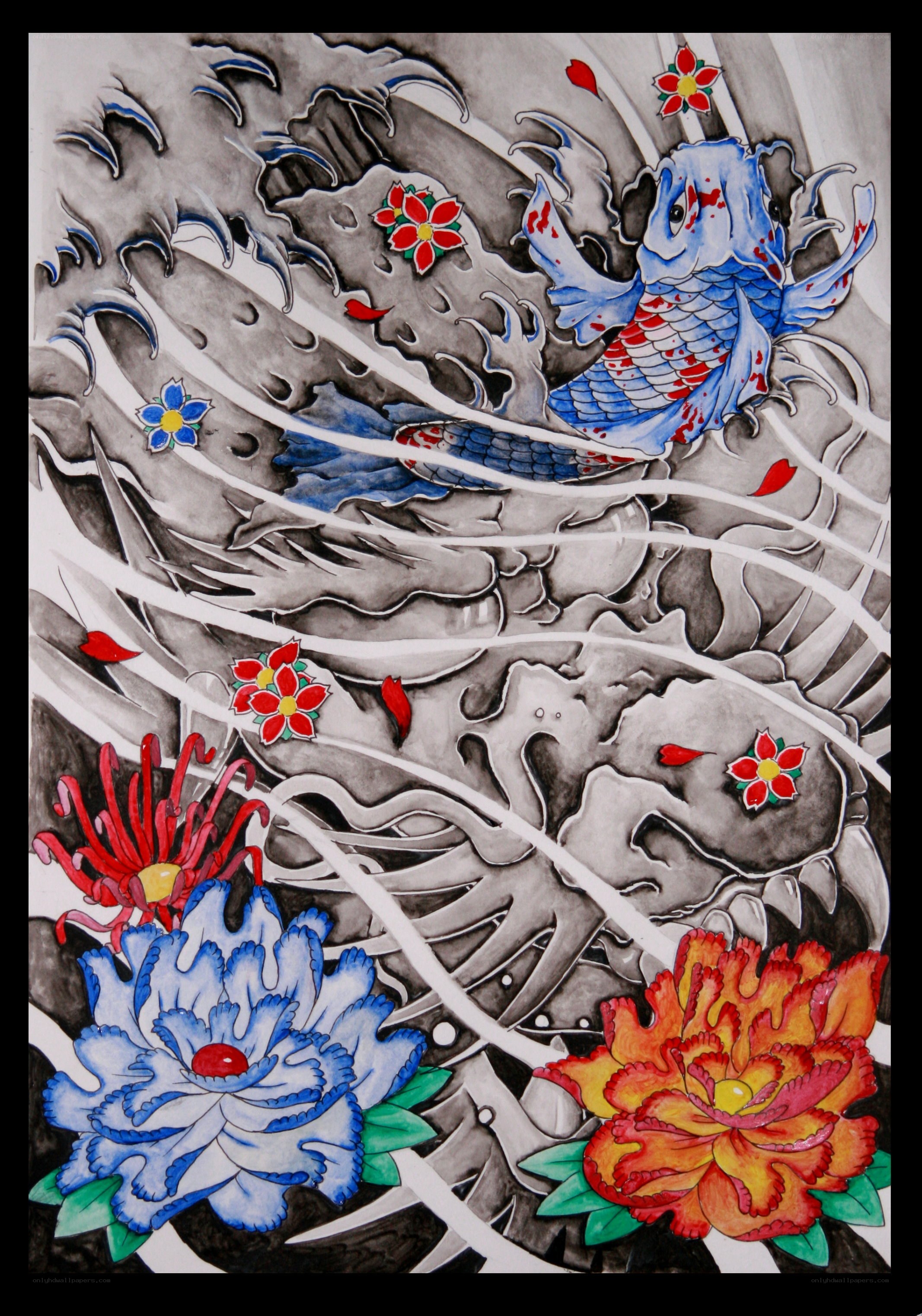 Koi fish and flowers artwork