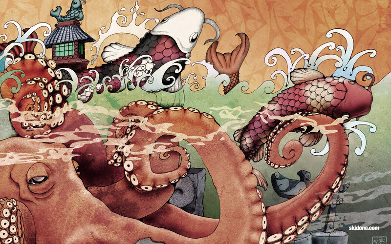 koi fish and octopus artwork