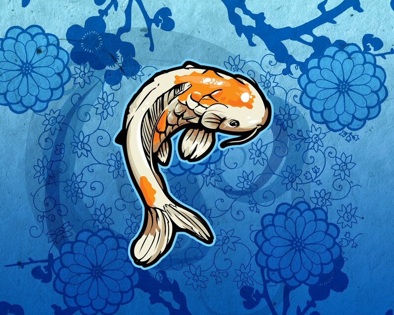 Koi Fish Illustration — Blue, Calm, Flowers, Branches