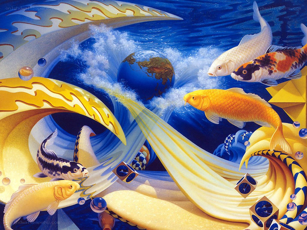 Koi fish in a surreal ocean