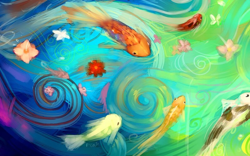 Koi Fish in Pond — Blue, Serene, Digital Art