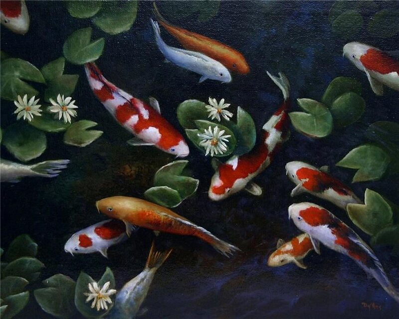 Koi Fish in Pond — Blue, Serene, Night