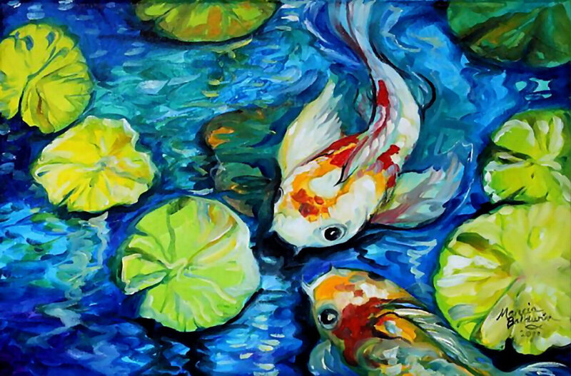 Koi Fish in Pond — Blue, Serene, Painting, Lily Pads