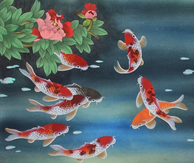 Koi Fish in Pond — Blue, Serene, Painting