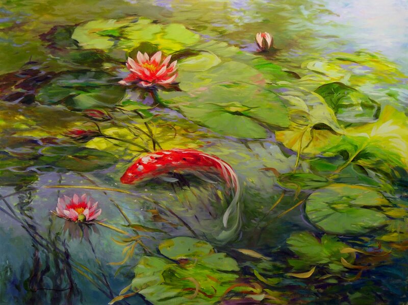 Koi Fish in Pond — Green, Serene, Afternoon