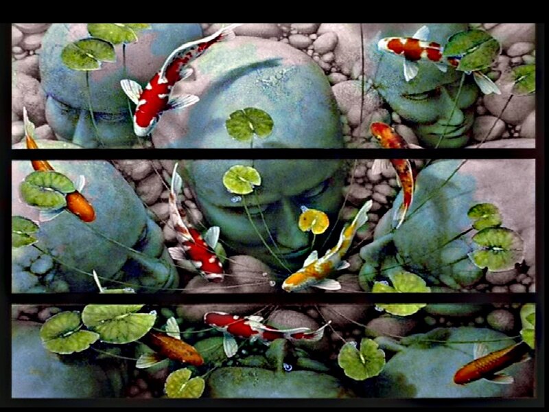 Koi Fish in Pond — Green, Serene, Painting, Lily Pads