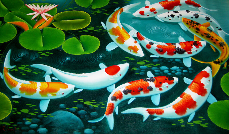 Koi Fish in Pond — Green, Serene, Painting