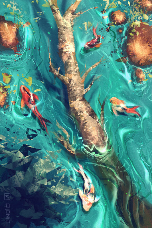 Koi Fish in Water — Teal
