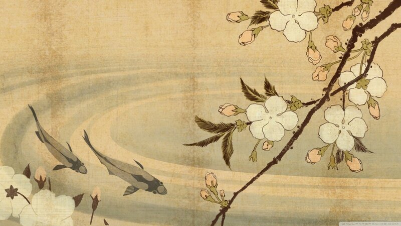 Koi Fish under Cherry Blossoms — Beige, Serene