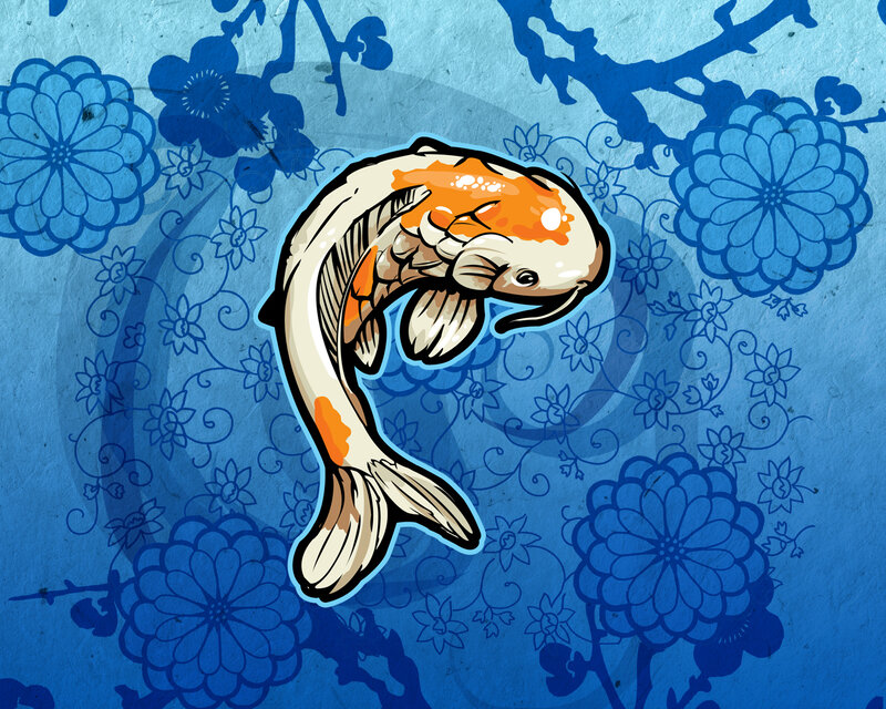 koi fish with blue floral background