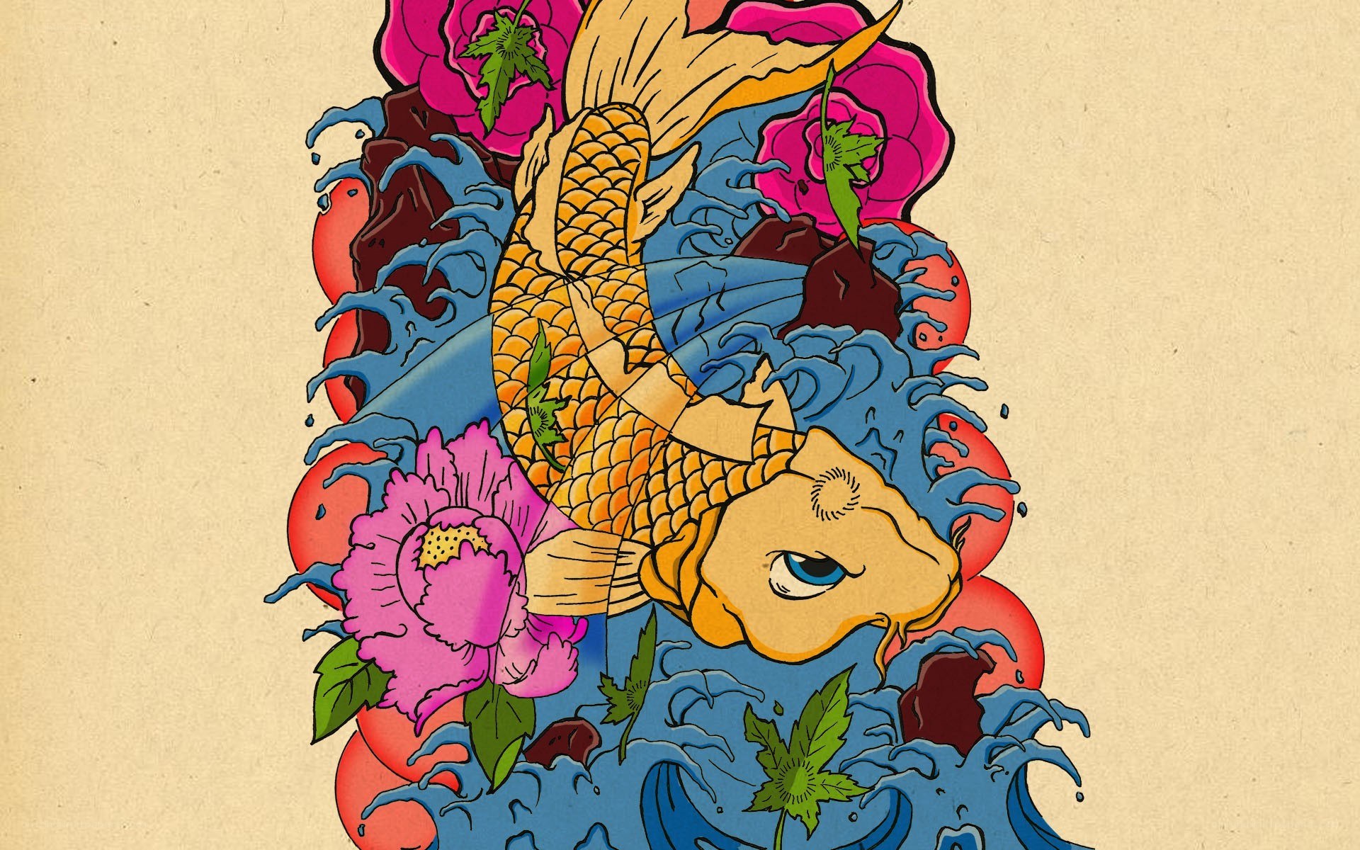 koi fish with flowers and waves