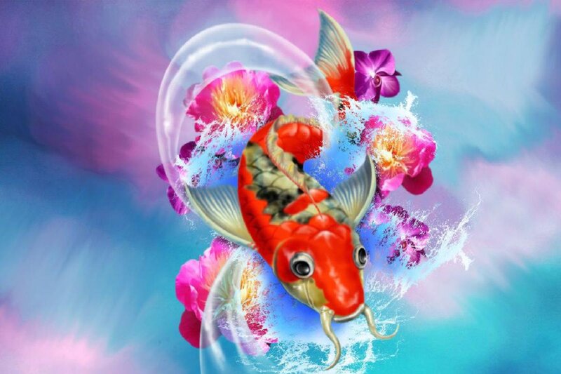 Koi Fish with Flowers