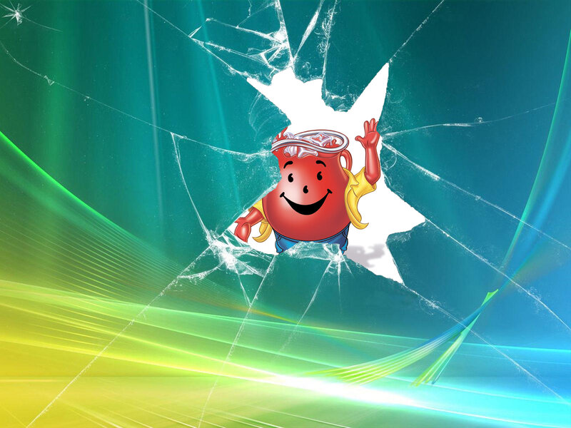 Kool-Aid Man breaking through glass