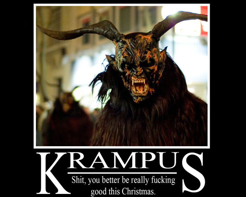 Krampus costume with warning