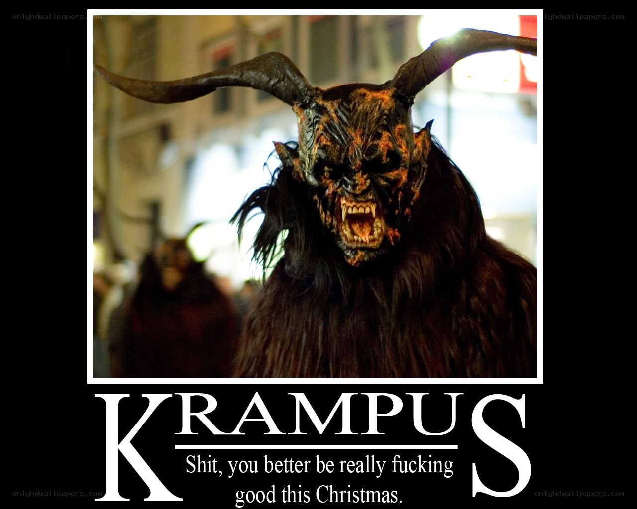 Krampus costume with warning