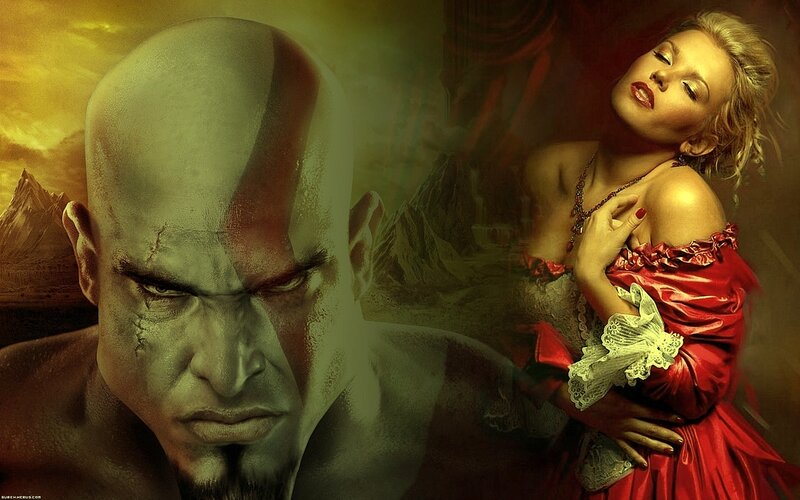 Kratos and a woman in red