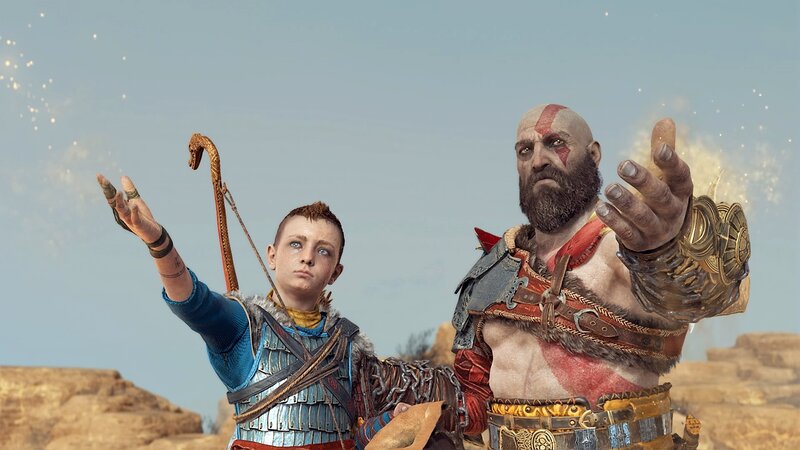 Kratos and Atreus — Blue, Dramatic, 3d Render, Bow