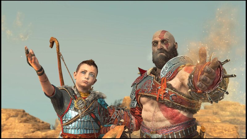 Kratos and Atreus — Brown, Dramatic, 3d Render, Bow