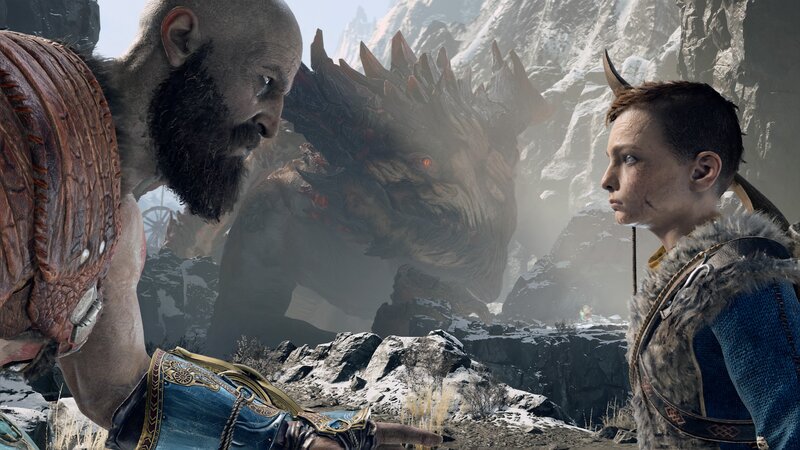 Kratos and Atreus Facing a Dragon — Gray
