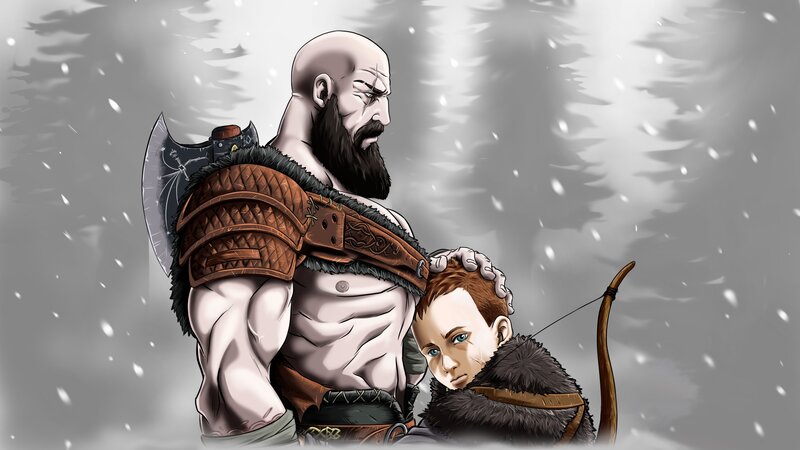 Kratos and Atreus — Gray, Dramatic