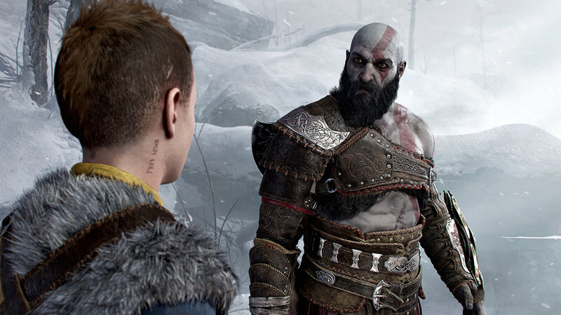 Kratos and Atreus — Gray, Dramatic, Winter, 3d Render