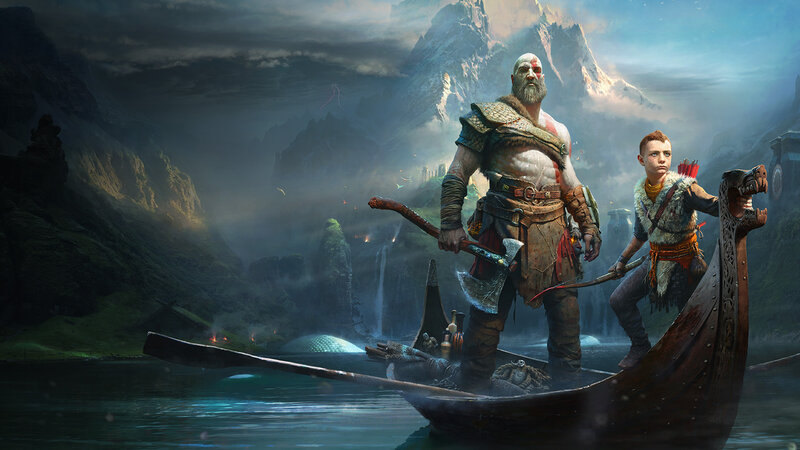 Kratos and Atreus in Boat — Blue, Dramatic