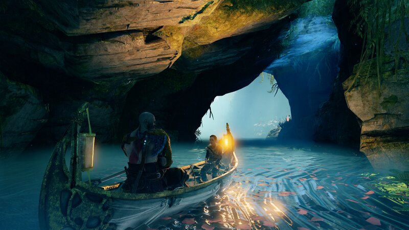 Kratos and Atreus in Boat — Blue, Serene