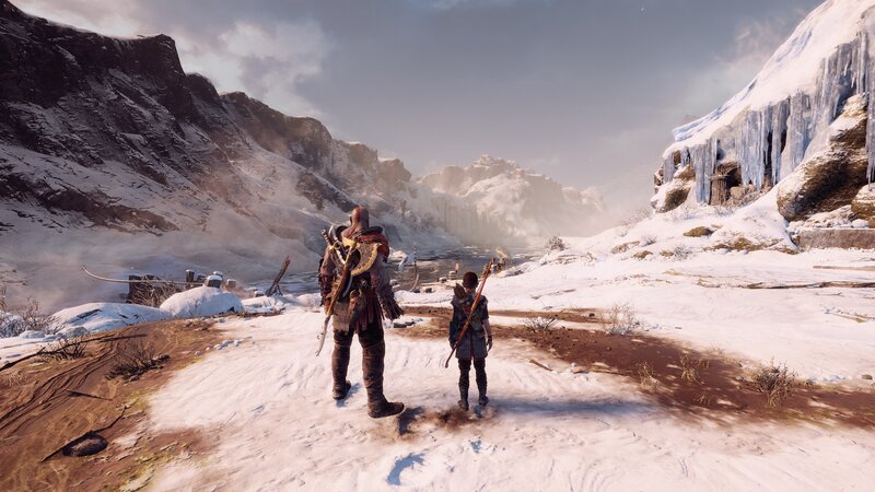 Kratos and Atreus in Snow — White, Dramatic