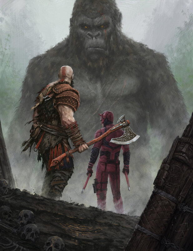 Kratos and Daredevil Facing Giant Ape