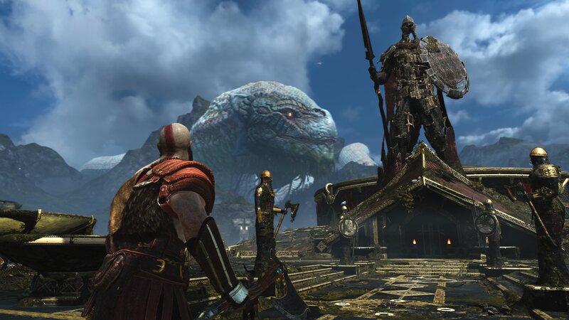 Kratos Facing a Giant Serpent — Blue, Dramatic