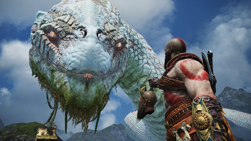 Kratos Facing a Giant Serpent — Blue