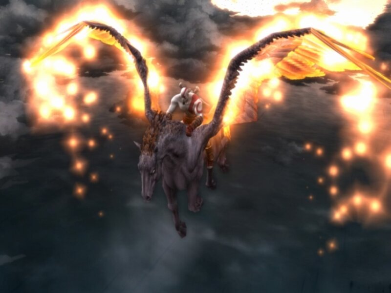 Kratos riding a winged horse