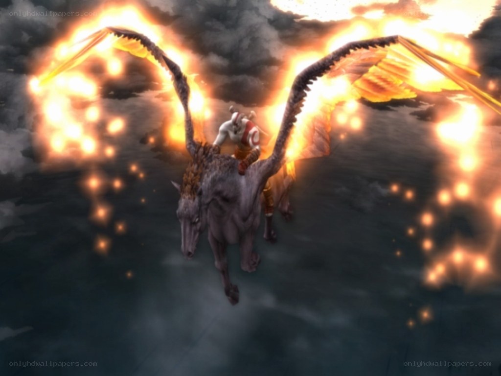 Kratos riding a winged horse