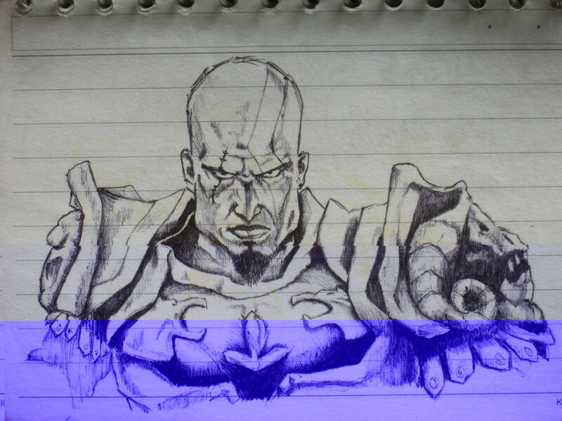 Kratos sketch on lined paper