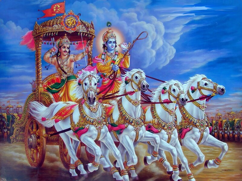 Krishna and Arjuna in Chariot — Blue, Dramatic
