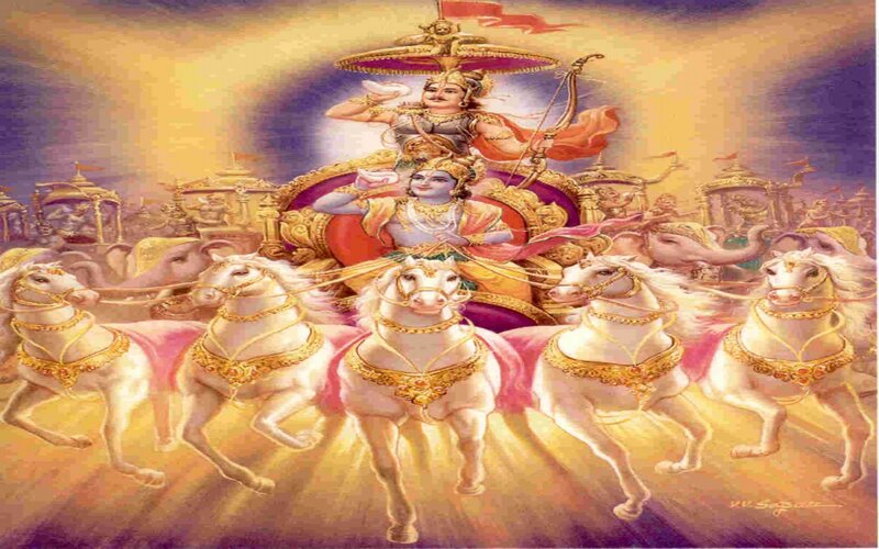 Krishna and Arjuna in Chariot — Gold, Dramatic, Illustration