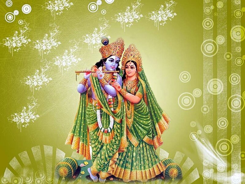 Krishna and Radha — Green, Serene, Illustration, Flute