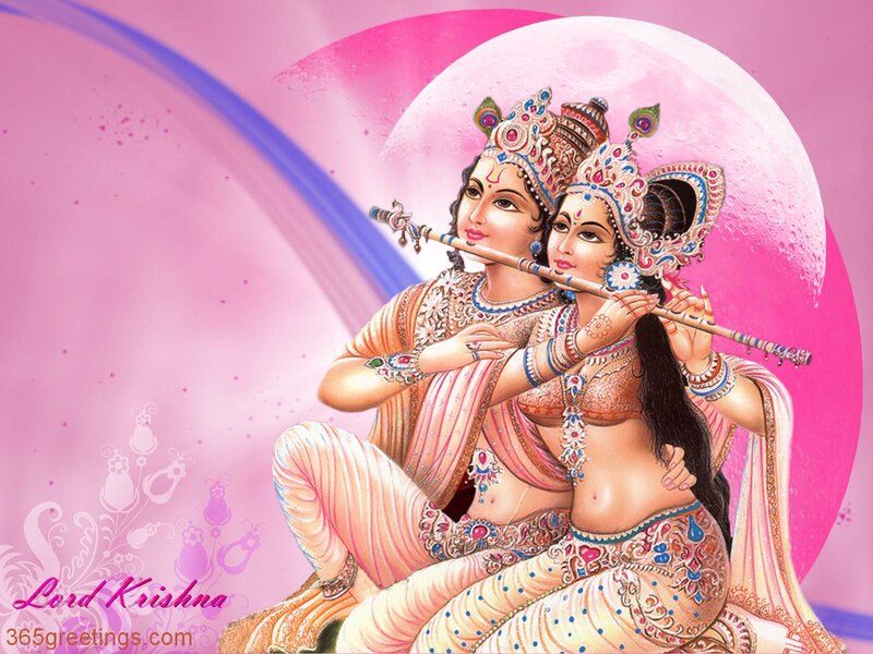 Krishna and Radha Playing Flute — Pink
