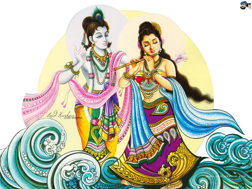 Krishna and Radha playing flute
