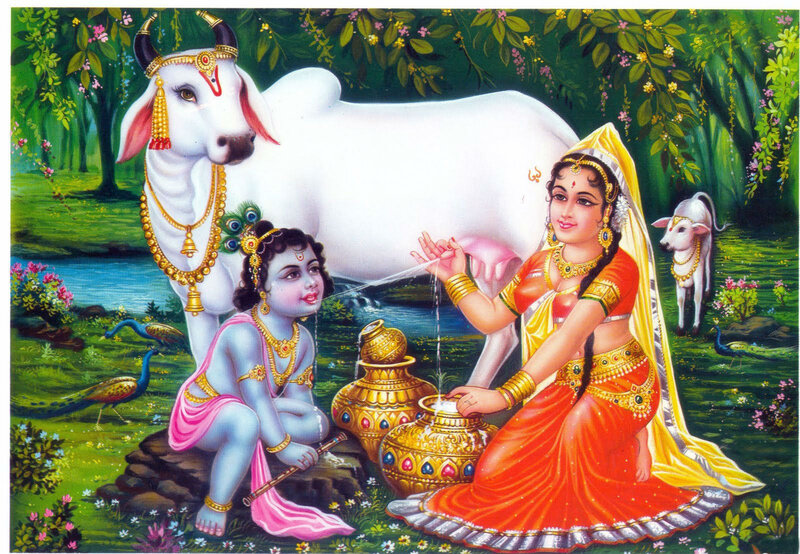 Krishna Milking Cow — Green