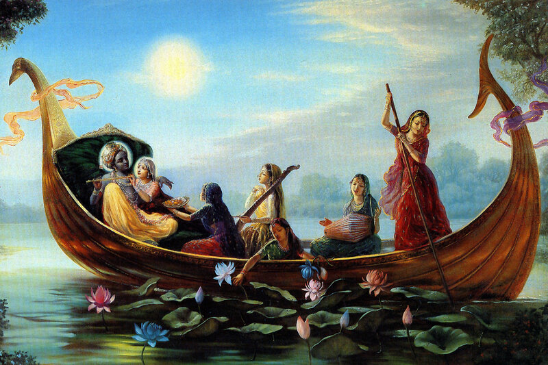 Krishna on a boat with gopis