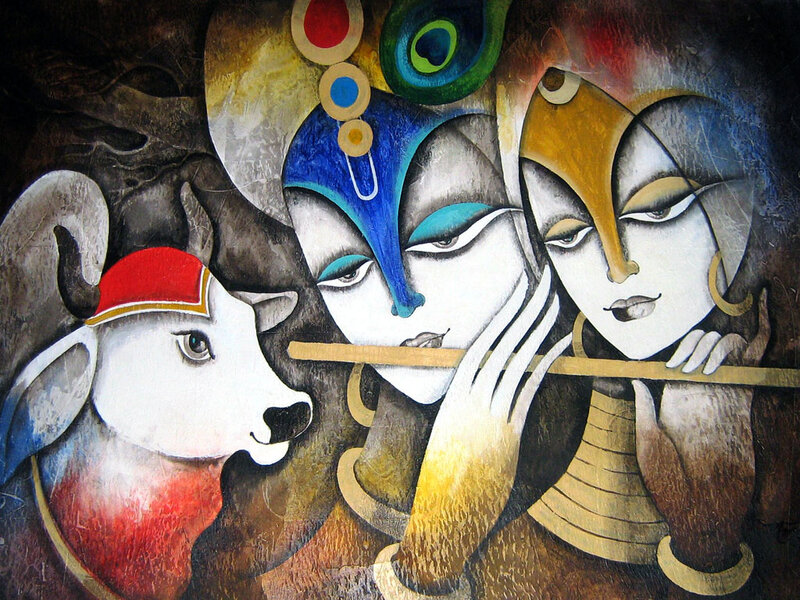 Krishna Playing Flute — Blue, Serene, Painting, Cow