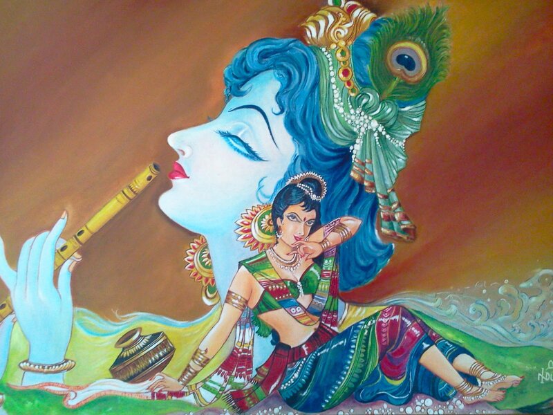 Krishna Playing Flute — Blue, Serene, Painting, Peacock Feather