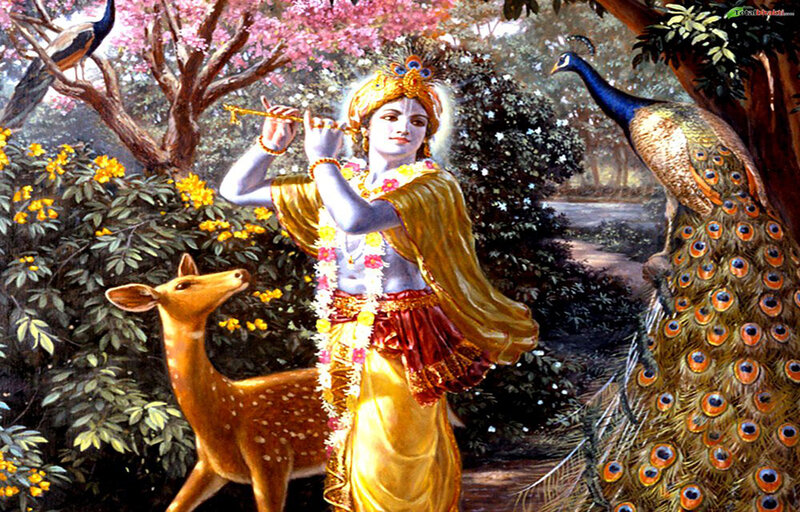 Krishna playing flute in garden