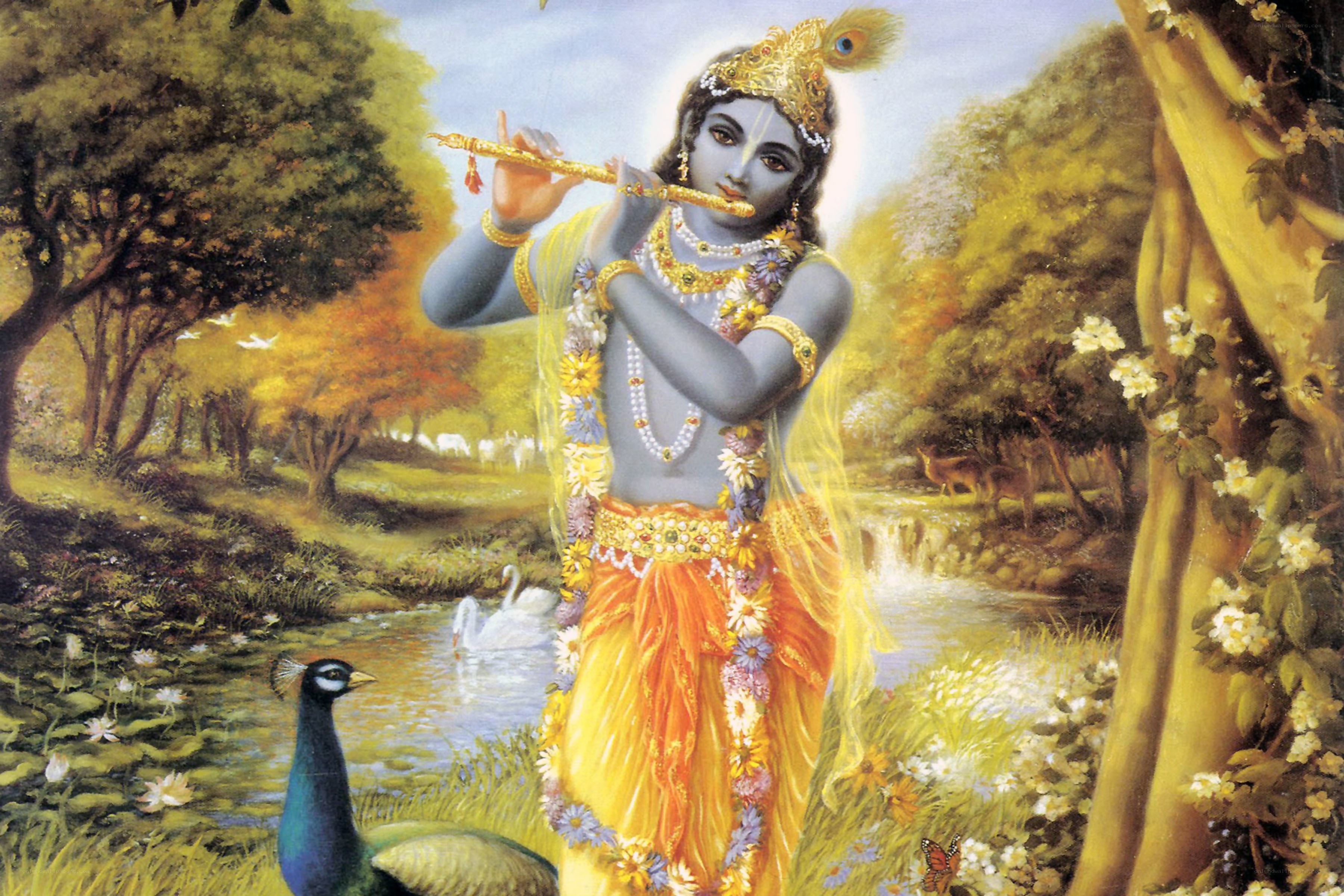 Krishna playing flute in garden